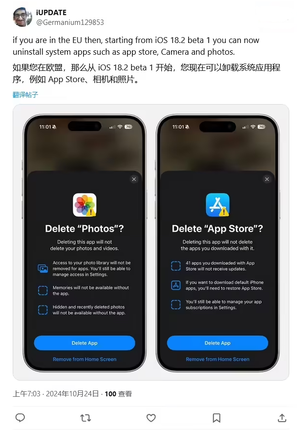 海淀苹果手机维修分享iOS 18.2 支持删除 App Store 应用商店 